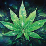 marijuana plant leaves on a dark tech background